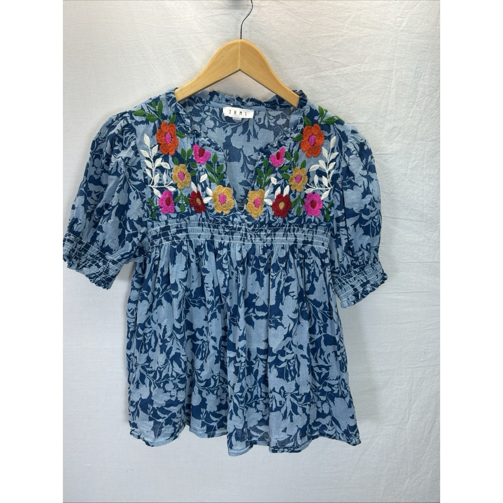 THML Embroidered V Neck Puff Sleeve Blouse Blue Floral Boho Lagenlook Size L - Picture 2 of 8
